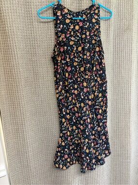 J. Crew Navy Floral Midi Dress with Pink and Gold Roses